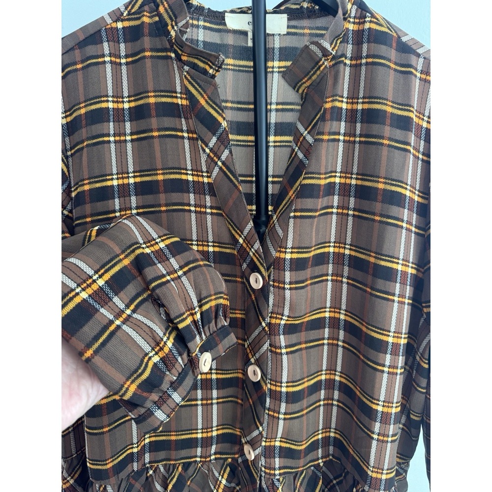 Entro Womens Sz M Brown Plaid Peplum Tunic Cottagecore‎ - Picture 4 of 8